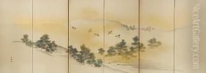 Flying Above Pine Trees Growing Beside A River by Maekawa Bunrin