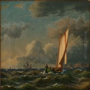 Seascape With Sailing Ships Off A Coast by Carl Buntzen
