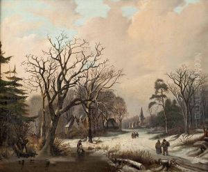 Winterlandschaft Mit Dorf Und Personenstaffage by Karl Bunzl