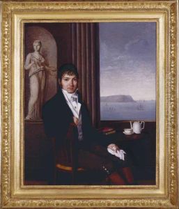Portrait Of A Gentleman, Seated At A Table, A View Of The Sea Through A Window Behind by Henri Buquet