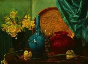 Still Life With Daffodils And Pottery by Augusto Burchi