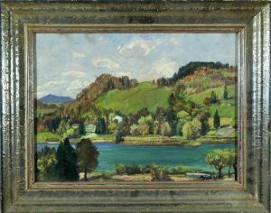 Hauser Am Fluss In Spatsommerlicher Hugellandschaft by Paul Burck