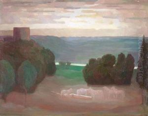 "pferde An Der Tranke In Abendlandschaft".