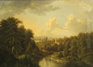 A Calm River Landscape With Figures On A Pathin The Foreground
