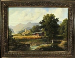 Haus Am Fluss In Weiter Berglandschaft by Josef, Jacob Burgaritzky
