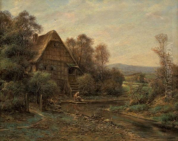 Landschaft Mitfachwerkhaus Und Wascherin An Einem Bach - view 1