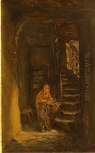 Woman With A Basket In An Entryway by Anton Burger