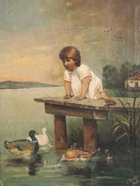 Knabe Auf Einem Steg An Einemteich, Der Enten Beobachtet - view 1
