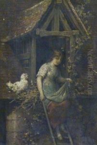 Girl And Chicken In A Doorway by Hendricus-Jacobus Burgers