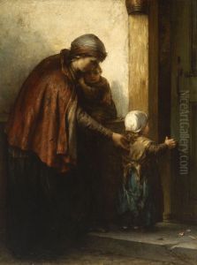 Mutter Mit Zwei Kindern Vor Der Ture by Hendricus-Jacobus Burgers