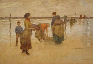 Yorkshire Fisher Folk On A Wet Sandy Beach by Ethel Kate Burgess