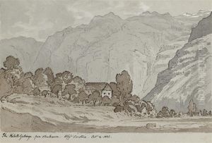An Austrian House Nestling Amongst The Trees With Mountainsbeyond by Henry William Burgess