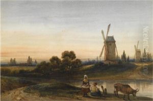 A Summer Landscape With Resting Peasants Along The River Side by John Cart Burgess