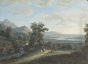 Gegenstucke: Zwei Flusslandschaften Mit Personenstaffagen Im Vordergrund. by Jakob Burgi