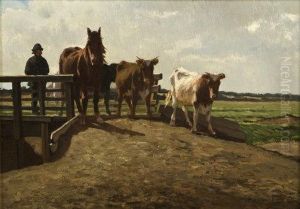 A Drover With A Horse And Cattle Crossing A Bridge, Evening by Augustus Nicolas Burke