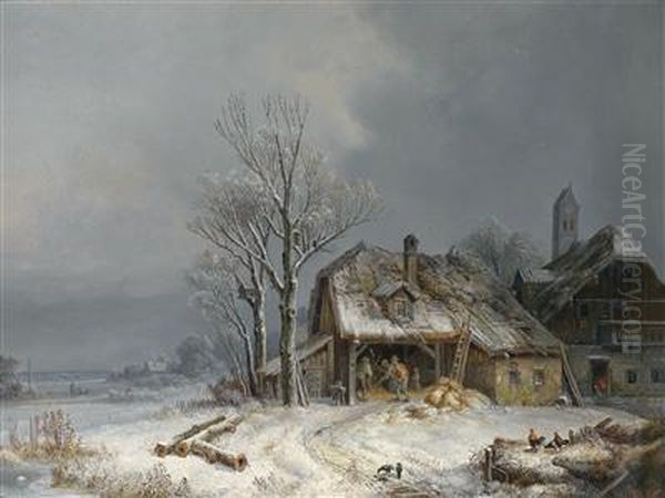 Village In Winter. Grain Being Threshed In The Barn - view 1