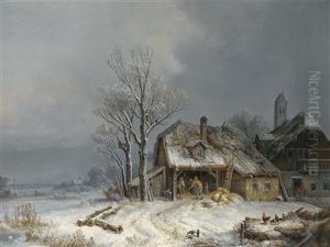 Village In Winter. Grain Being Threshed In The Barn