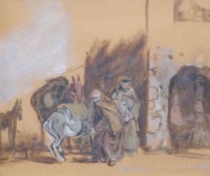 Zwei Monche Mit Ihren Reittieren Vor Einer Osteria by Heinrich Burkel