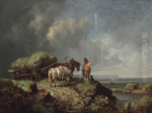 A Landscape With A Fallen Hay Wain by Heinrich Burkel