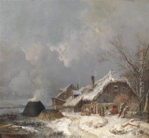Farm House With Charcoal Stack by Heinrich Burkel