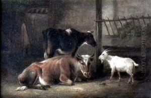 Cows And Goat In A Byre by Heinrich Burkel