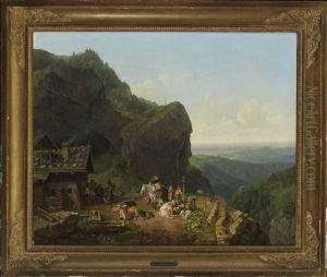 Wirtshaus Auf Der Alm Mit Alpzug. by Heinrich Burkel