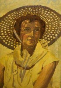 Head And Shoulders Portrait Of A Lady In Yellow Dress by Averil Mary Burleigh