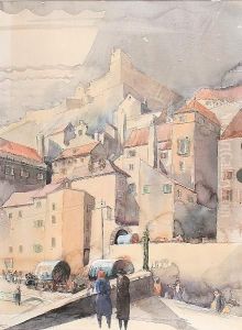 Continental Town Scene With Figures by Averil Mary Burleigh