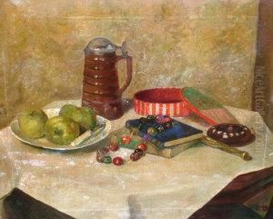 Follower Of Averil Mary Burleigh Ri Arws Aswa 1883-- Still Life Of A Tankard, Books A Necklace And Apples On A Table by Averil Mary Burleigh