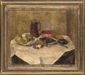 Three Apples, Two Books, A Necklace And Pitcher, On A Table by Averil Mary Burleigh