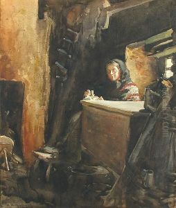 An Interior Scene With A Woman Sewing By A Window by Sydney Richmond Burleigh