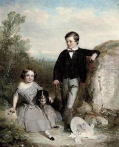 Portrait Of A Brother And Sister With Their Dog, In Alandscape by Clement Burlison
