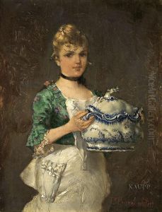Junges Madchen Mit Hochgestecktem Blondem Haar, Eine Terrine Tragend. by Paul Burmeister