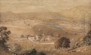 Valley Landscape With Farm Houses And Figures by Henry Burn