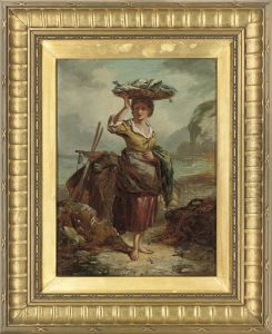 Study Of A Girl On A Beach With A Basket Of Fish