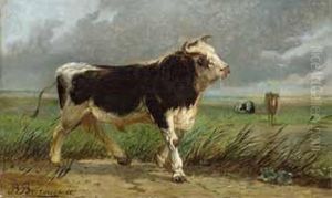Stier Vor Gewitterlandschaft, Im Hintergrund Weidende Kuhe.