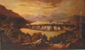 Mountain Scene With Lake And Figures On A Mountain Path