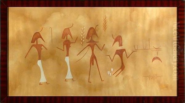 Archaische Gruppe In Der Art Einer Nordafrikanischenwandzeichnung. Gouache Auf Papier - view 1