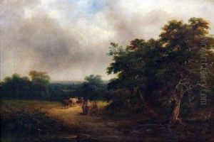 Figures And Cattle In Wooded Landscape by Robert Burrows