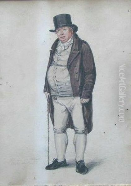 Portrait Of A Gentleman With A Walking Cane,
Full Length,
In Striped Waistcoat And Brown Overcoat - view 1