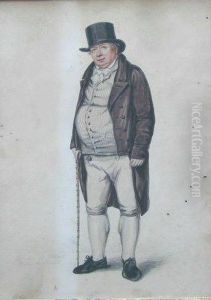 Portrait Of A Gentleman With A Walking Cane,
Full Length,
In Striped Waistcoat And Brown Overcoat by Albin Roberts Burt