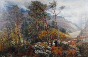 Figures And Sheep On A Woodland Path With A Mountainous Landscape Beyond by Charles Thomas Burt