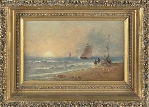 Shore Scene At Sunrise With Several Boats Heading Offshore