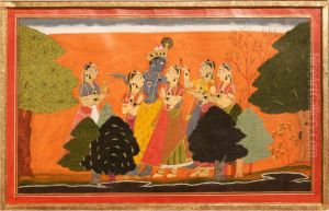 Krishna dallying with cowherd maidens. Krishna dallying with cowherd maidens.