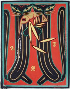 Two cats holding a large prawn by Jamini Roy