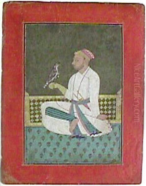 A Pahari raja seated on a terrace holding a hawk - view 1
