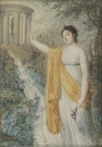 Portrait de Mademoiselle Fanny Charrin, eleve du miniaturiste, designant un temple de l'Amitie by Jean-Baptiste Jacques Augustin
