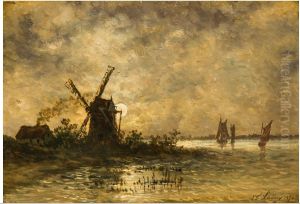 River view in moonlight by Egide Francois Leemans