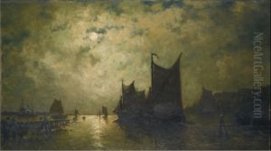 On the Amstel, shimmer of the moon by Egide Francois Leemans