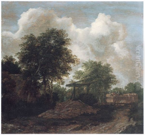 Bosachtig landschap met een huis in aanbouw bij een ophaalbrug - view 1